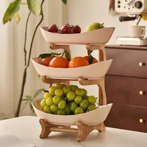 Multicolor Fruit Basket 3-Layer Dessert Cake Stand with Bamboo Rack, Plastic Fruit Bowl, Cookie Plate, Candy Buffet Set for Weddings and Parties
