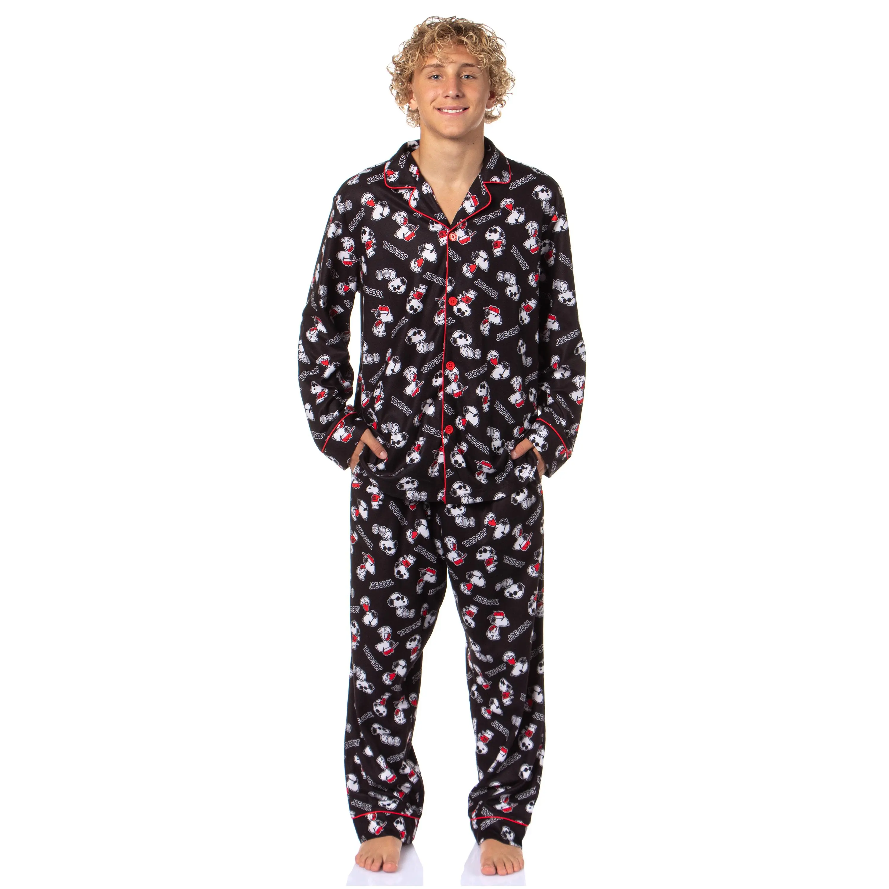 PJammy PEANUTS Men's Snoopy Joe Cool 2-Piece Polyester Flannel Long Sleeve Button-Up Pajama Set, Nightwear Lounge Sleep Coat Top with Pants