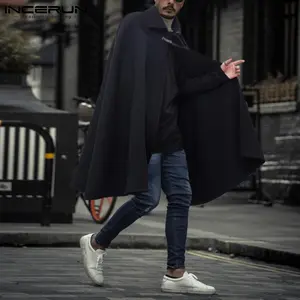 INCERUN Mens Autumn Winter Poncho Cloak Outwear Black Cape Sleeveless Party Tops Lapel Wizard Robe