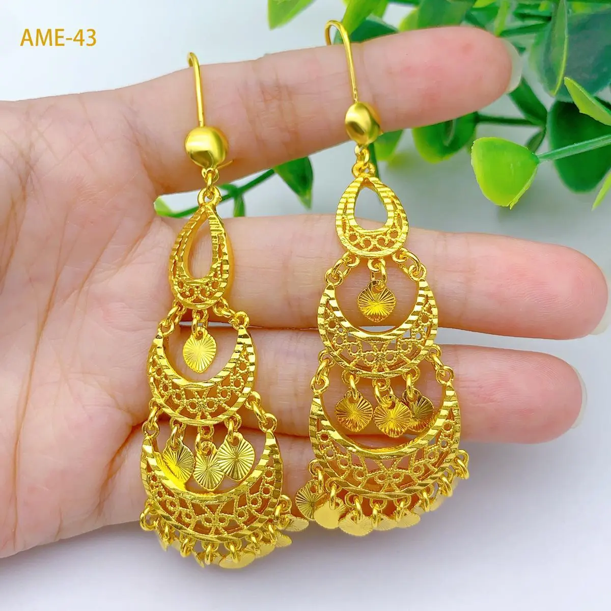 Women's Dubai-Inspired Ethiopian Motif Earrings, Copper Metal Costume Jewelry with Dangling Tassels, Gold Color Wedding Gift for Party Occasions