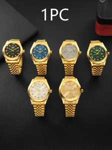 RICECGO Men's Quartz Watch, Modern Fashionable Wristwatch, Luxurious solid gold finish, Round Dial, Diamond-set hour markers, Features day and date display, Limited-time offer
