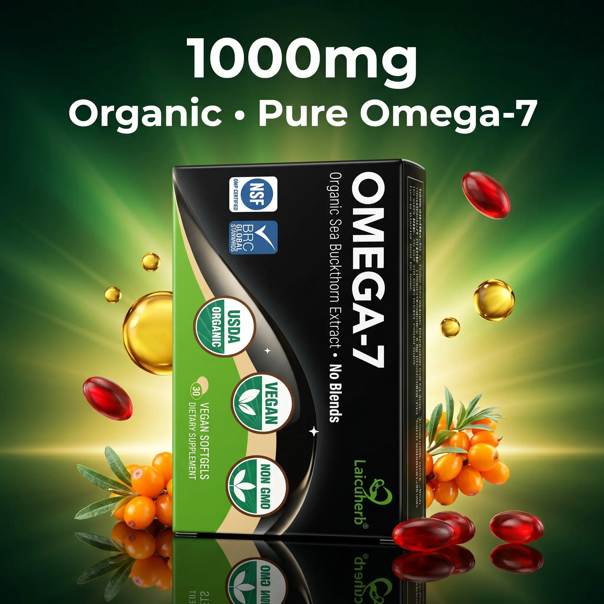 Organic Omega-7 Sea Buckthorn Oil Vegan Softgels 324mg — Pure Whole Berry Extract, No Blends, Daily Support for Skin, Hair, Nails & Heart Wellness