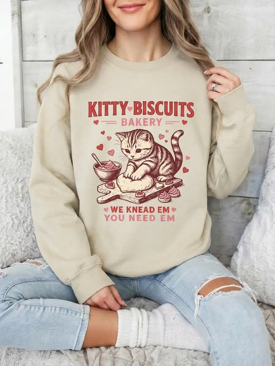 Unisex Cat Lover Sweatshirt, Funny "Kitty Biscuits" Graphic Pullover, Casual Solid Round Neck, Comfortable Breathable 100% Cotton Valentine's Day Top