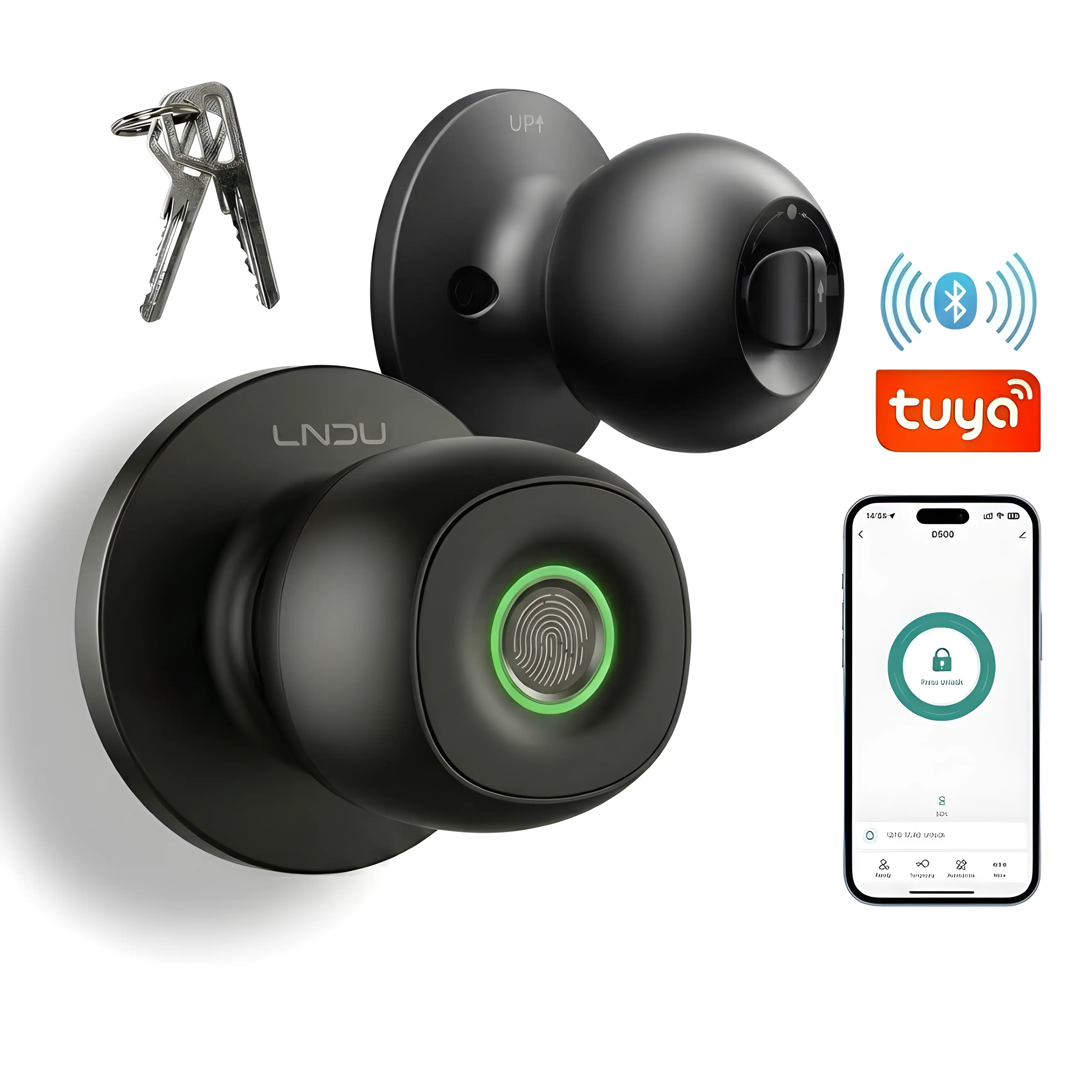 LNDU D500 Smart Fingerprint Door Knob with APP Control, Biometric Keyless Entrance Door Lock with 3 Modes (Privacy/Passage/Auto-Lock), 3 AAA Batteries Powered, 100 Fingerprints, Type-C Emergency Power for Unlocking, for Bedroom, Office, Home, Door Securit