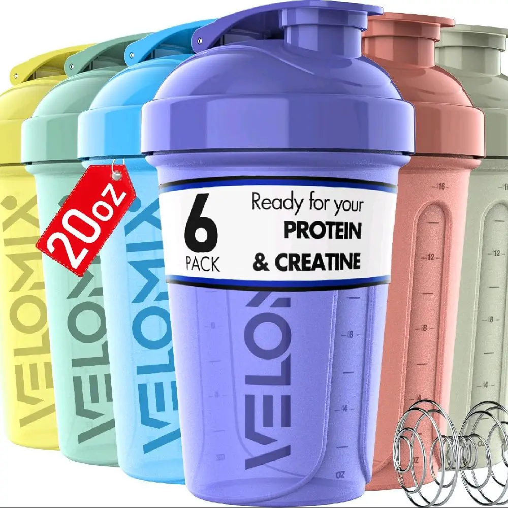 VELOMIX -6 PACK- 20 OZ Protein Shaker Bottles for Protein Mixes Shaker Cups for Protein Shakes Small Shaker Bottle Pack Shaker Cup Shakers for protein Shakes (Pastel Shades - 6 Pack)