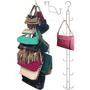 Over Door and Closet Purse Hanger Organizer, 12 Max Purse Storage, 360 Rotating Heavy Duty Chrome Bag Holder Holds 50lbs for Purses Handbags Totes Crossbody Backpacks Belt Bags