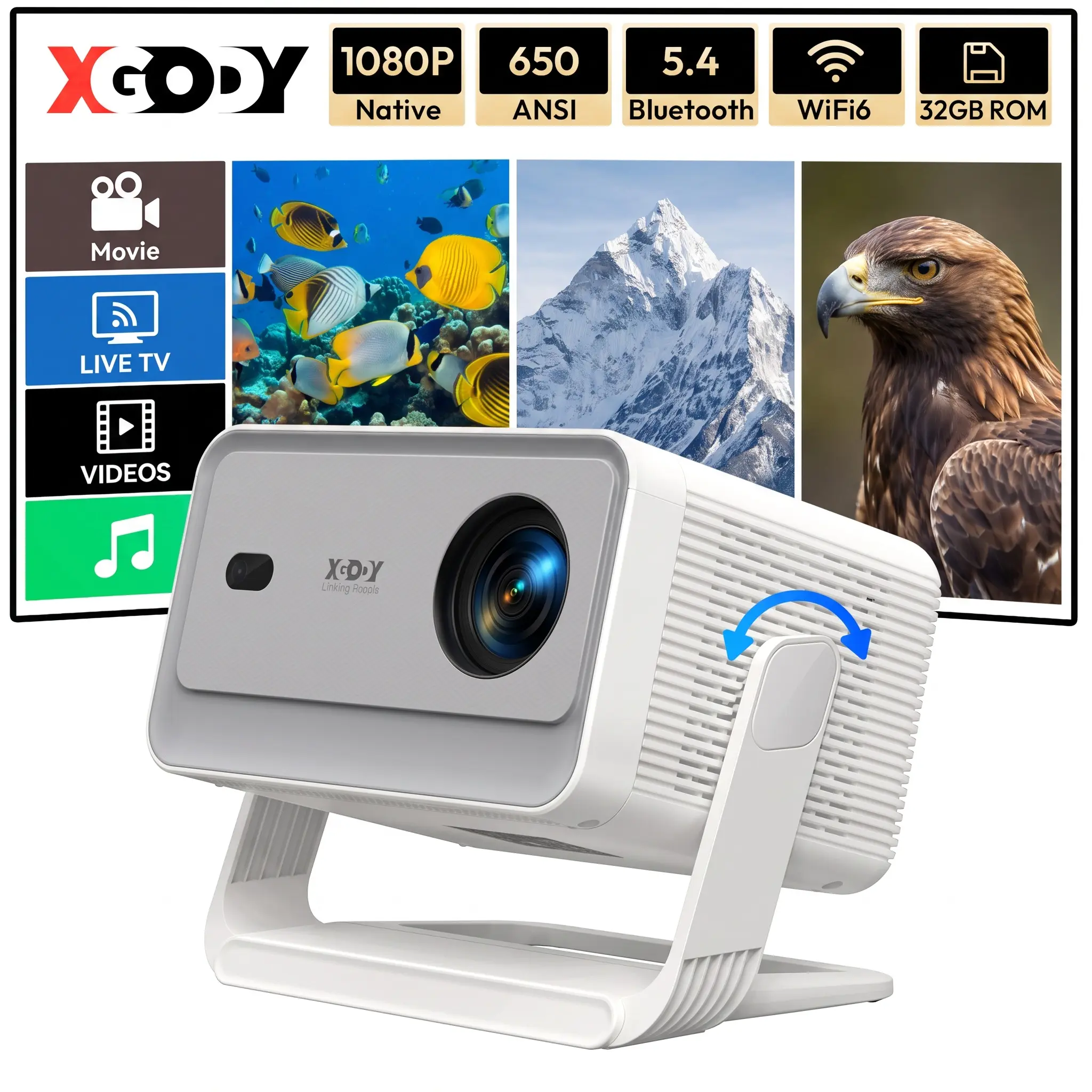 XGODY Smart Projector with Auto Focus & Keystone | 1080P WiFi 6 Portable Mini Projector for Bedroom & Ceiling | Android 11, 32GB
