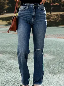 Dark Blue Medium Wash Ripped Straight Leg Jeans
