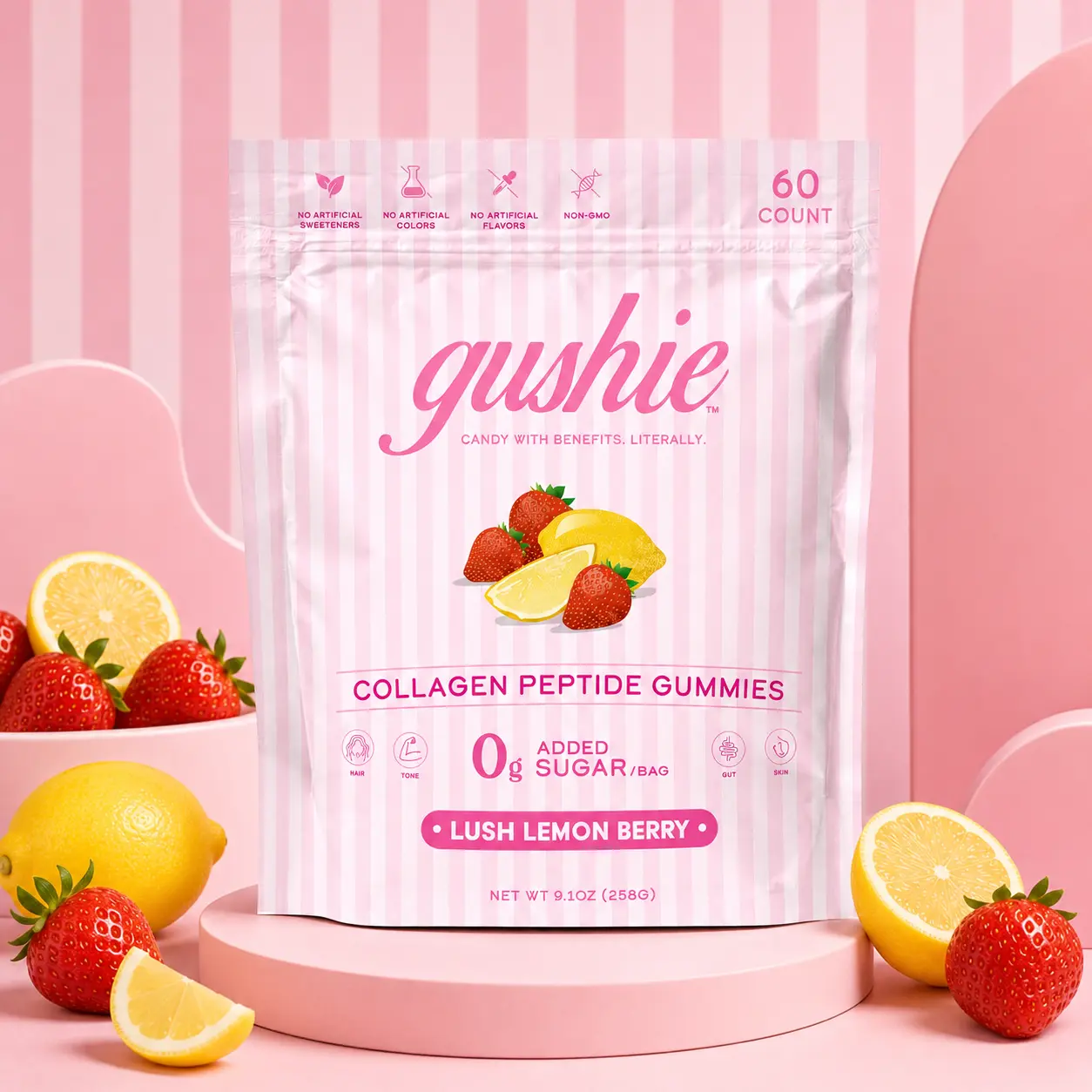 Gushie Collagen Peptide Gummies - Lush Lemon Berry, Sugar-Free, Dairy-Free Beauty Healthcare Skin Care Dietary Supplement for Hair, Skin, Nails