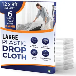 6 Pack 12 x 9 ft  Plastic Drop Cloth for Painting - Light & Durable Tarp Cover for Furniture - Plastic Clear Tarp  -  Floor Covering - Painters Drop Cloth Sheeting