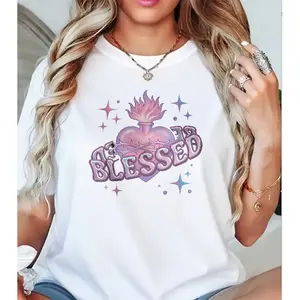 Retro Faith Based Cotton Tee With Pink Sacred Heart And Star Design For Christian Apparel