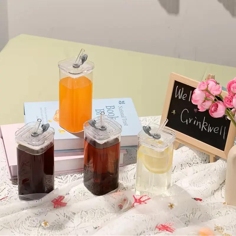 8 Sets Modern Square Ribbed Glass Cups with Lids & Straws, Versatile Clear Drinkware for Coffee Juice Cocktail, Must-Have Home Bar Gift & Valentine’s Day Surprise