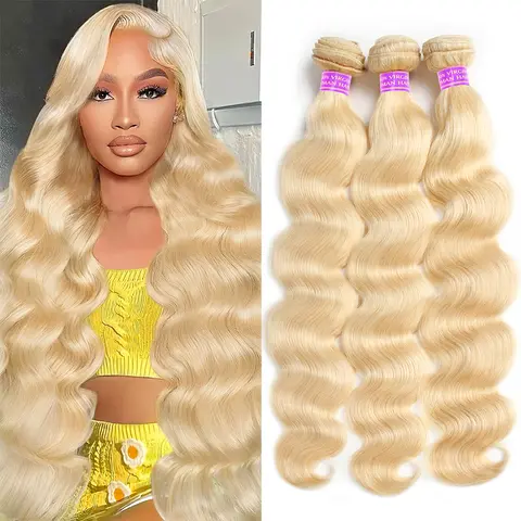 613 Blonde Unprocessed Brazilian Remy Human Hair Bundles with 4x4 Closure - Body Wave, Thick Extensions Hair, 12A Grade Shine, Rich Shine Source, Dye-Bleach Ready #Summervibes
