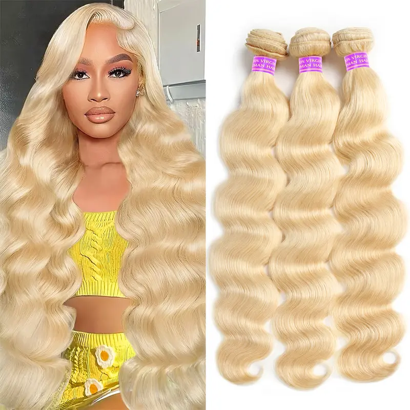 613 Blonde Unprocessed Brazilian Remy Human Hair Bundles with 4x4 Closure - Body Wave, Thick Extensions Hair, 12A Grade Shine, Rich Shine Source, Dye-Bleach Ready #Summervibes