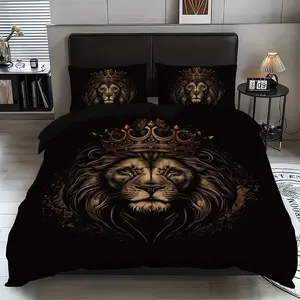 Crown & Lion Print Bedding Set, 3 Piece Ultrafine Fiber Sheet Set, Decorative Bedding Set, Breathable Anti-Fading, Includes 1 Fitted Sheet and 2 Pillowcases, Decorative Bedsheet Sets