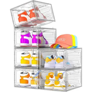 Shoe Organizer, Clear Thickened Stackable Shoe Boxes with  Door, Collapsible Closet Storage Rack for Sneakers & Boots, 6 Pack White, Virgin Material, Not Recycled Plastic for Household