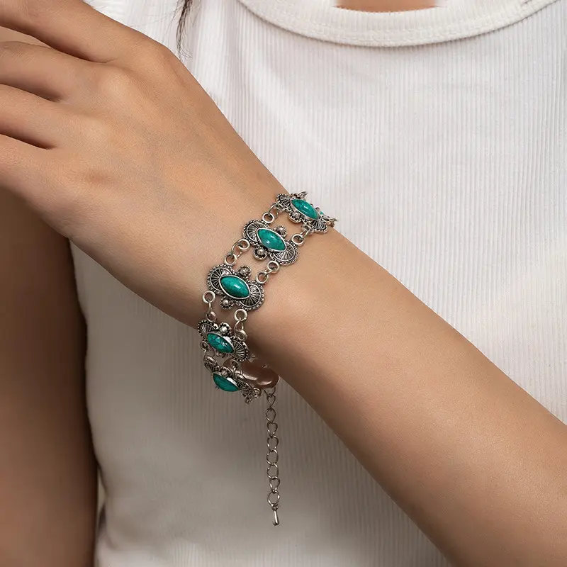 Vintage Bohemian Antique Silver-Tone Floral Link Statement Bracelet for Women, Turquoise & Red Stone Accents, Jade Charm, Length Adjustable, Everyday Wear Zen Fidget Stretch Friendship Accessory