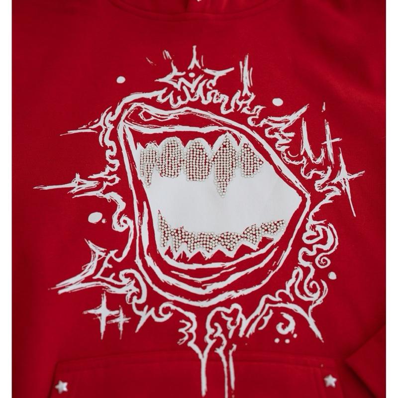 Y2K Hip-Hop Streetwear Fivestarss Rhinestone Fashion Hoodie Cherry Red Loose Fit Casual Style Unisex