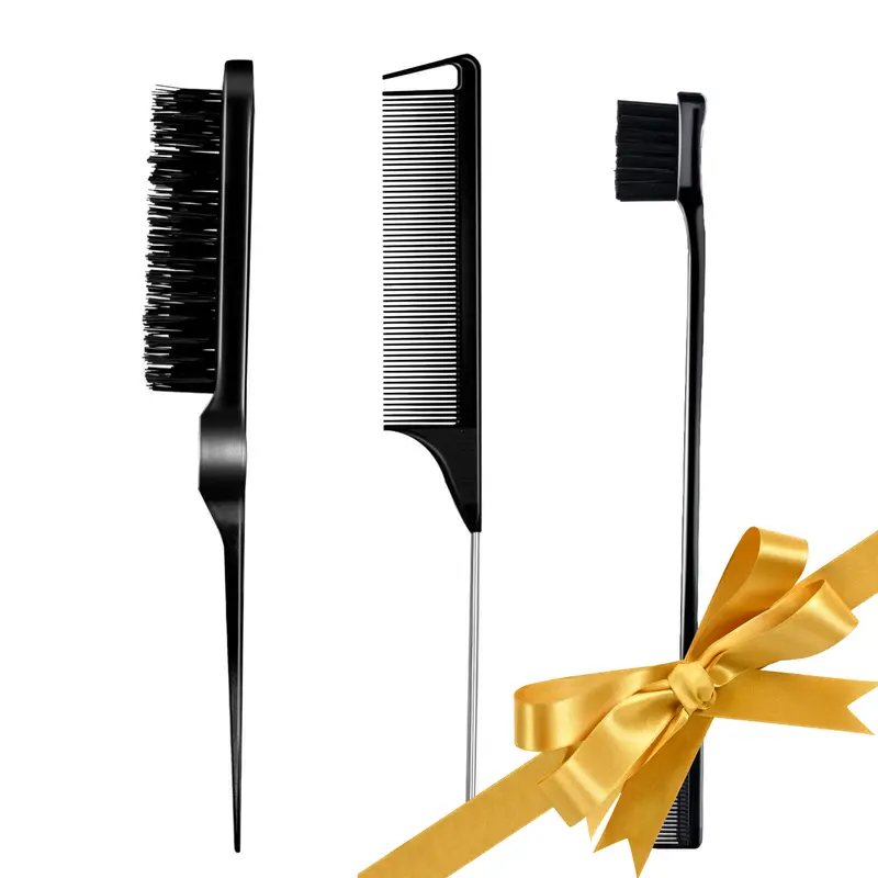 GOIPLE Adult Unisex 3-Count Multipack Travel Size Normal Plastic Hair Styling Brush Set - Nylon Bristles Rat Tail Tool, Edge Control Brush, Anti-Frizz Stick for Detangling, Back-Hair Control (Black)