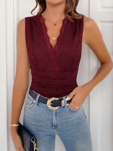 Women's Lace Bodysuit, Sleeveless Lace Patchwork Bodysuit, Sexy Tight Fit V-Neck Party One -Piece Romper ，Y2K Summer Clothes