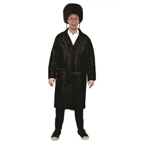 Black Rabbi Purim Bekitcha For Adults | Long sleeves Long Coat with Belt - Traditional Costume with Hamantash Wine Design - Menswear Formal Outfits