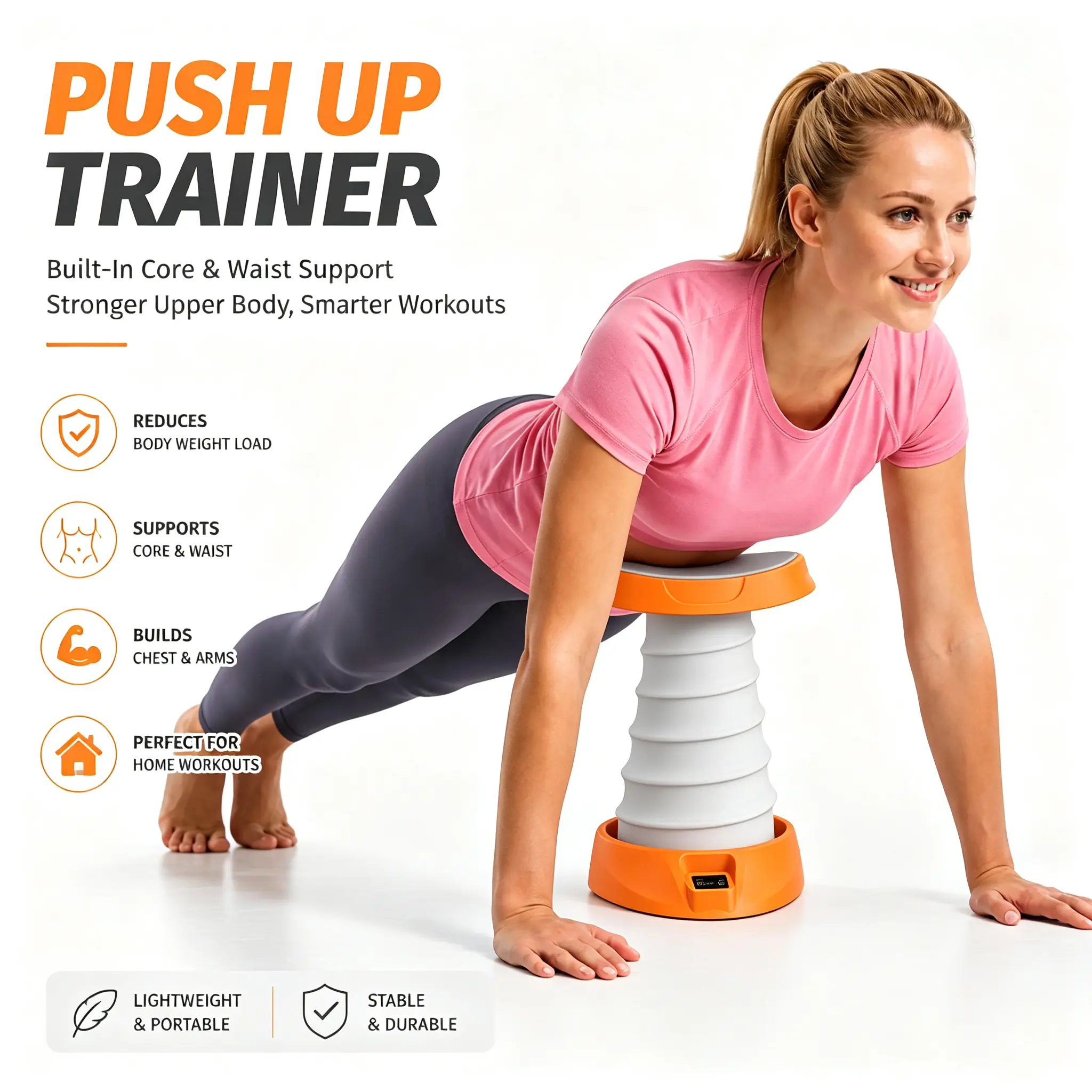 Unisex Adjustable Compact Functional Red Pushup Stand Trainer for Beginners, Waist-Core Support, Reduces Body Weight Load, At-Home Strength Training Equipment for Chest & Upper Body Muscle Tone