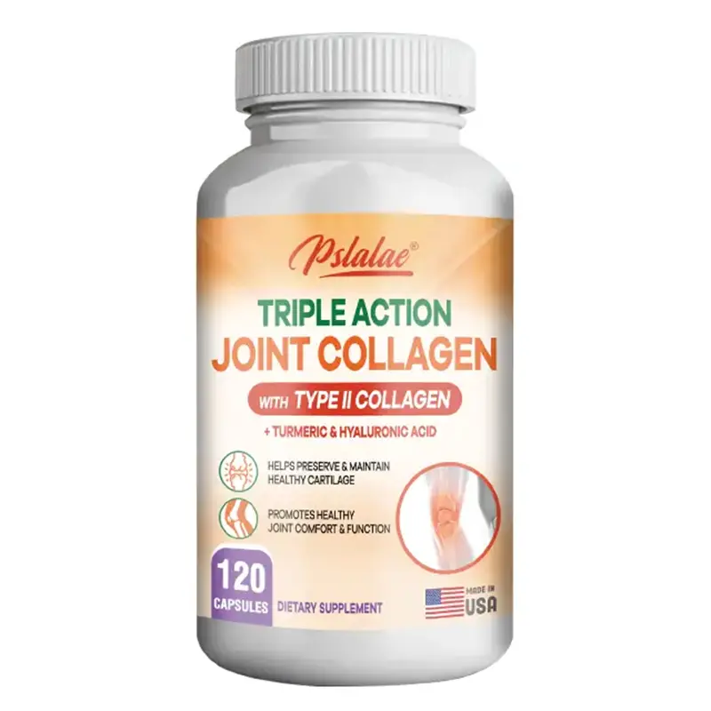 A dietary supplement containing 120 capsules designed to provide essential nutrients, support joint health, and promote cartilage health. Rich in Type II collagen, turmeric curcumin, hyaluronic acid, chondroitin, and vitamin C.