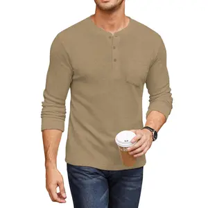 Men's Henley Shirts Long Sleeve Basic Waffle Pique Pullover T-Shirt with Pocket