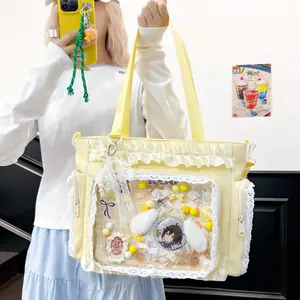 Pastel Yellow Ruffle Lace Ita Bag Tote | Clear Transparent Window Anime Badge & Pin Display Shoulder Handbag, Kawaii Lolita Large Capacity Casual Bag for School Outdoor & Anime Merch Collecting