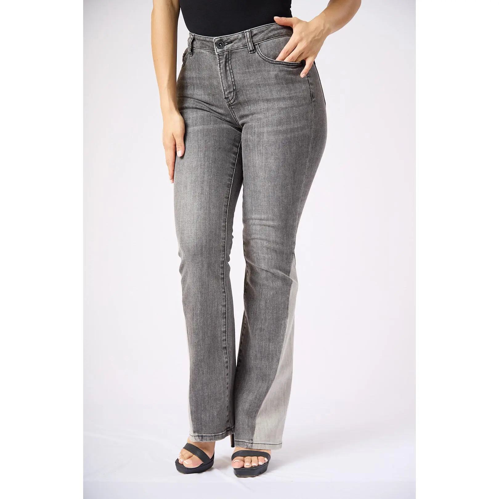 ZIDA Women's Charcoal Chic Flared Jeans - Faded Whisker Detail, Retro-Inspired Hem Denim