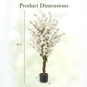 COSTWAY - Faux Plum Blossom Plant with White Fabric Flower and Solid Wood Trunk-White