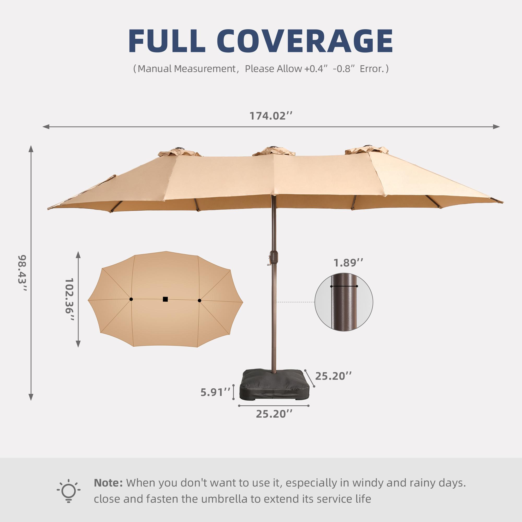 HOOOWOOO 15FT Large Double-Sided Patio Umbrella with Solar Led lights & Base Waterproof Durable Adjustable Lighted for Garden Deck Backyard Pool Beach Canopy Shade