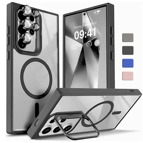 [Free!!Ship!] Camera Lens Kickstand Clean Case for Samsung Galaxy S26 Ultra S25 S24 S23 Mag Safe Heavy Duty Transparent Shockproof Phone Bumper with Camera Lens Protector
