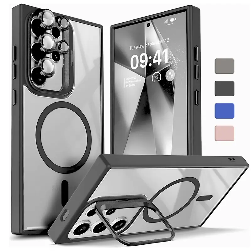[Free!!Ship!] Camera Lens Kickstand Clean Case for Samsung Galaxy S26 Ultra S25 S24 S23 Mag Safe Heavy Duty Transparent Shockproof Phone Bumper with Camera Lens Protector