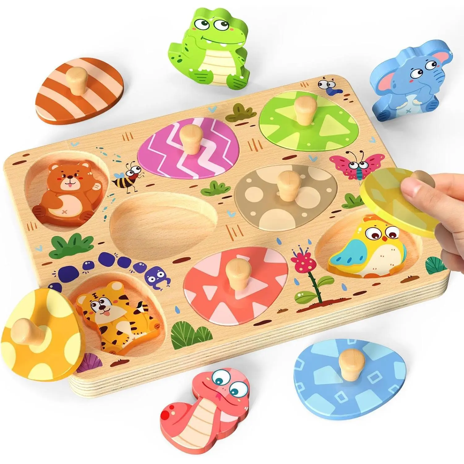 F-JP09 Wooden Montessori Puzzles for Toddlers, 8-Piece Animal Matching Egg Set, Toddler-Friendly Critical Thinking Toys with Varied Patterns, Easter Birthday Gifts for Kids