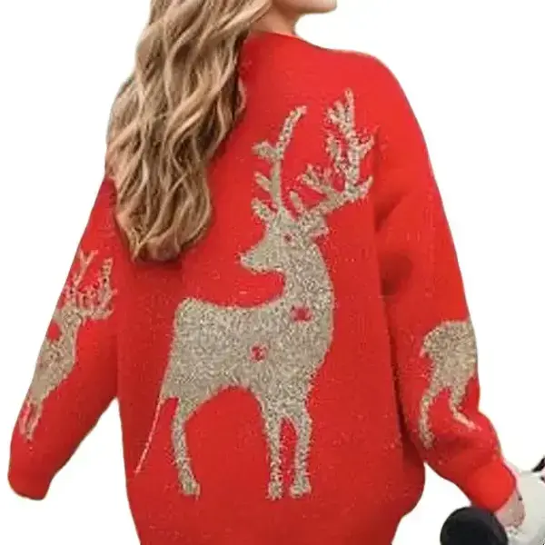 Cute Reindeer Christmas Sweater - Festive Oversized Red Knit Top with Sparkling Reindeer Design for Holiday Wear MY802
