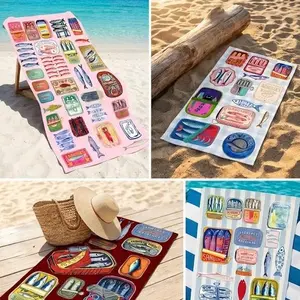 Cute Sardines  Beach Towel -  Sardine Print Retro Beach Towel - Vintage Fish Sardine Design Baech Towel
