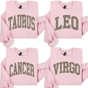 [Full 12 Zodiac] Leopard Print Zodiac Sweatshirt – Light Pink Color, Astrology Sign Crewneck for Women, Taurus Leo Cancer Virgo Graphic Pullover, Trendy Star Sign Sweater Gift- LORA ATCHER