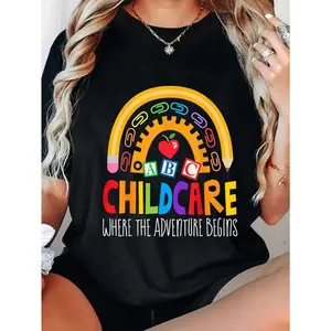 Women's Black 100% Cotton Short Sleeve Crew Neck T-Shirt - Childcare Director Daycare Teacher School Provider Printed Design