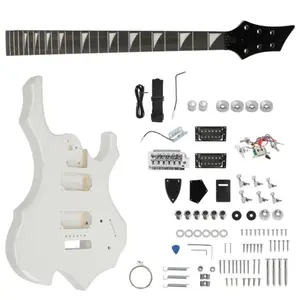 DIY 6-String Flame-Shaped Solid Wood Electric Guitar Complete Kit - Mahogany Body, Maple Neck, White Finish, HSH Configuration, Right Hand Design, Beginner Level Friendly Project for Guitar Enthusiasts