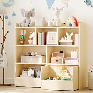 Gaomon Wood Color Toy Organizer Storage - Multifunctional Children's Furniture with Movable Drawer Unit, 5 Open Cubbies, Hidden Wheels, and Kids Bookshelf for Playroom Floor Storage