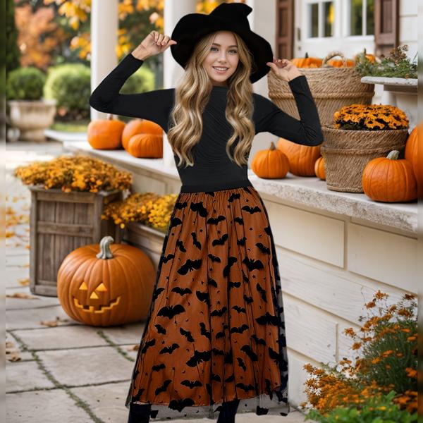CHICWISH Women's Velvet Bats Mesh Tulle Midi Skirt in Pumpkin for Halloween Party or Any Occasion, Autumn, Winter Outfit, Festive Outfit Womenswear Bottom