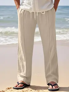 Men's Summer Beach Vacation Casual Pants, Loose Fit, Vertical Stitching, Linen Wide Leg Drawstring Long Pants, Comfortable and Stylish