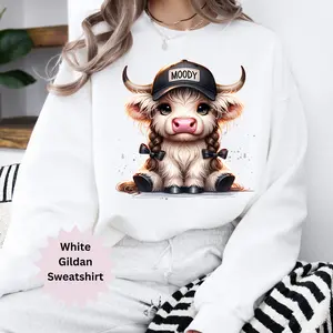 Moody Girl Cow Sweatshirt, Women's Graphic shirt sweaters, Western Cowhide Pullover Tops, Plus size sweatshirts