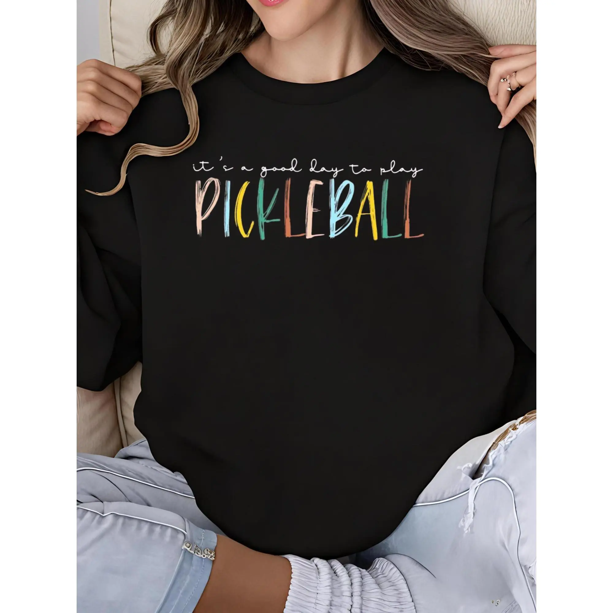 Women's Pickleball Graphic Sweatshirt - Crew Neck Long Sleeve Player Gift Sweatshirt, Fun Sporty Print Top for Women, Cute Casual Sweatshirt