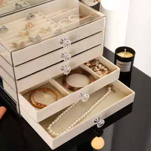 5 Drawer Acrylic Jewelry Organizer Box, Clear Velvet Lined Jewelry Storage Case with Stackable Design and Removable Dividers, Tangle Free Organizer for Earrings, Necklaces, Rings and Bracelets, Vanity Display Box for Women with Cleaning Cloth
