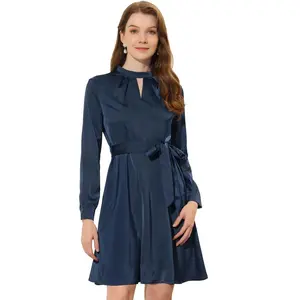 INSPIRE CHIC Women's Mock Neck Long Sleeve Satin Keyhole Tie Waist A-line Dress X-Small Navy Blue