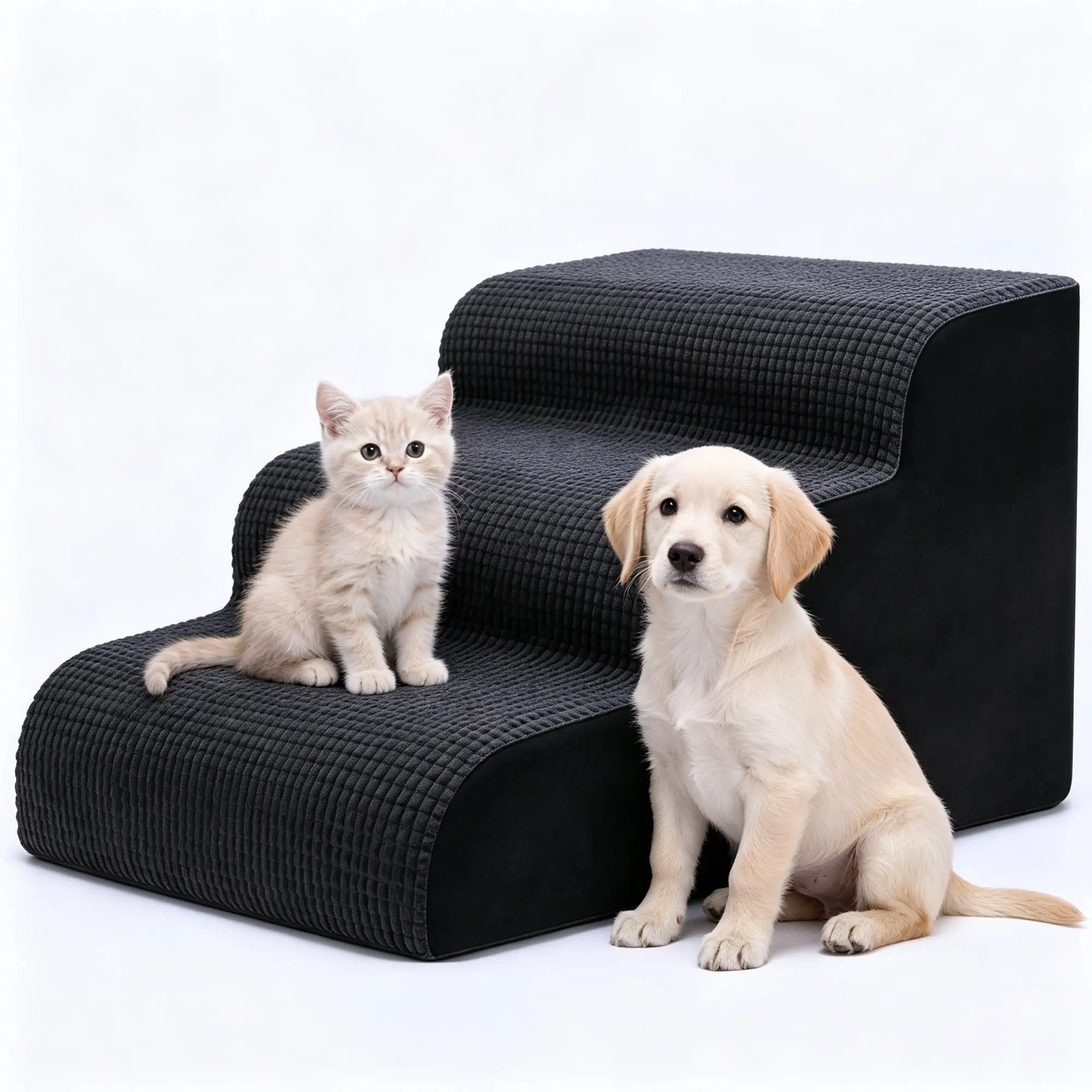 3-Step High-Density Foam Pet Stairs for Small Dogs & Cats, Non-Slip Ramp with Removable Cover for Couch, Bed
