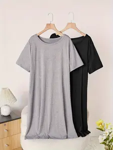 Women's Plus Size Comfortable Loungewear Sleepwear Set, Casual Round Neck Short Sleeve Dress, Two-Piece Plain Design, Outer Wear Available