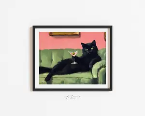 [Unframe] [Free ship] Retro Black Cat Martini Wall Art Bar Cart Decor Cocktail Art Bar Decor Vintage Oil Painting Black Cat Print Eclectic Wall Art Cute Cat Art